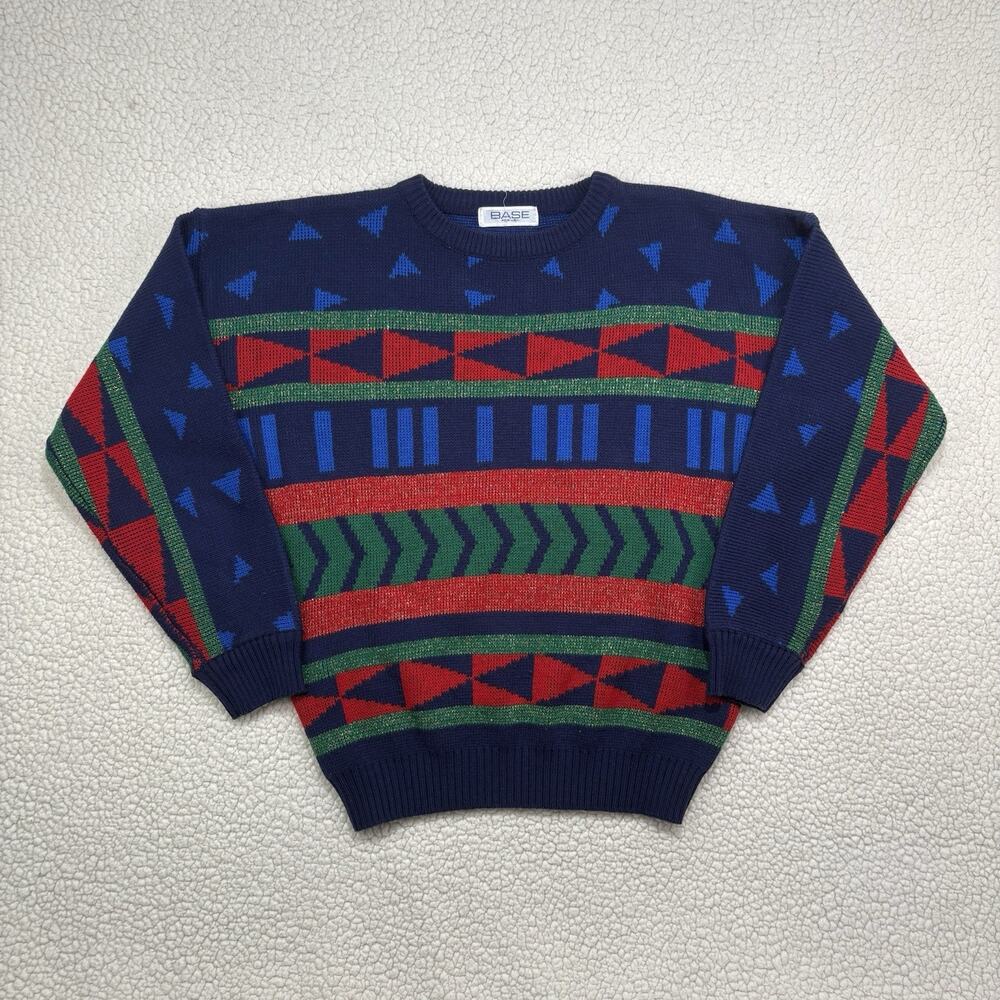 Vintage Mens Geometric Print Sweater Fair‎ Isle Colorful Christmas Metallic Bold